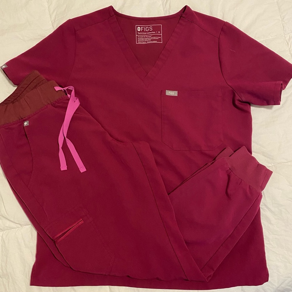 Figs Dark Magenta Caterina One pocket Scrub top and Zamora Joggers